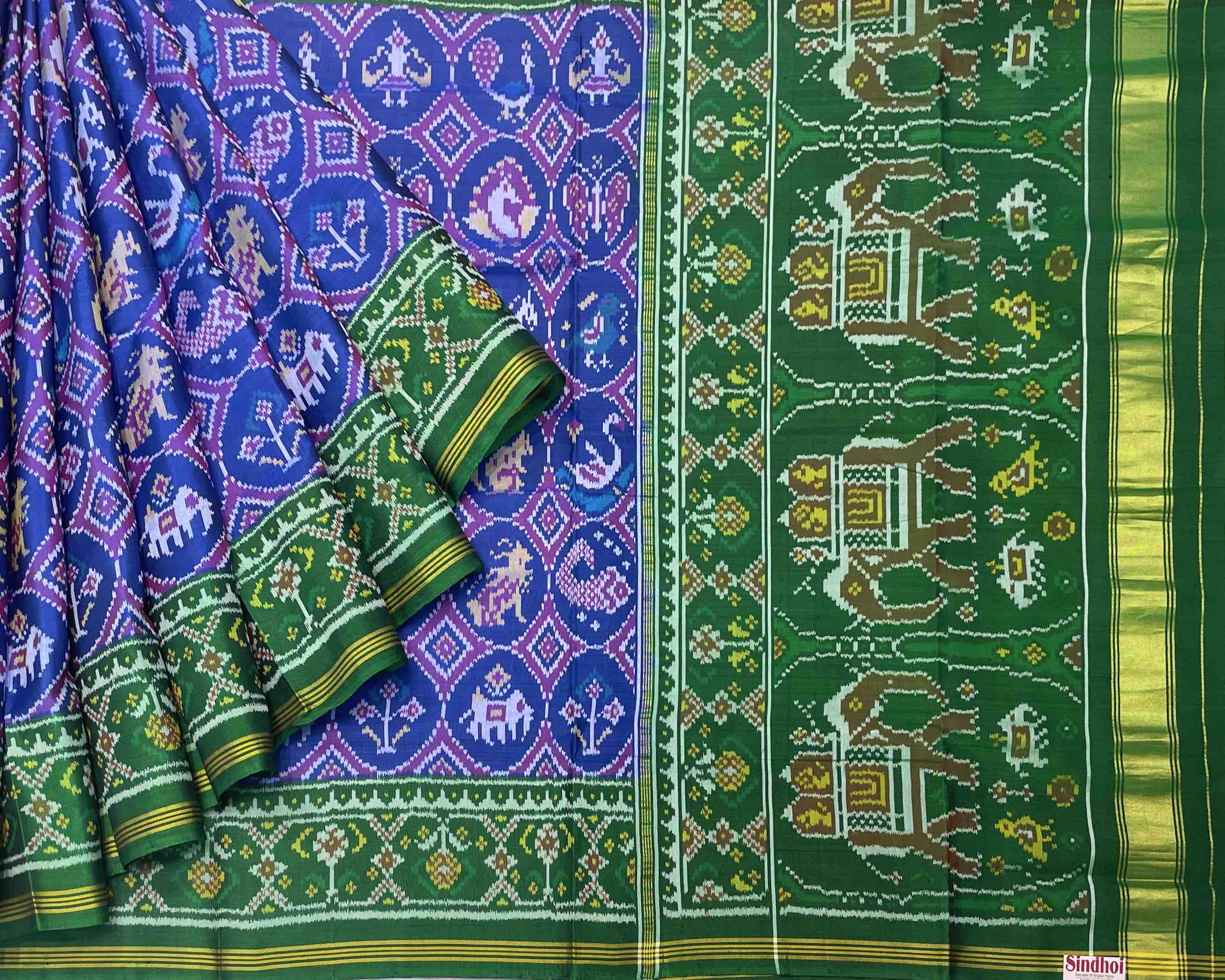 blue samll chhabadi figure design with green pallu patola saree ...
