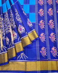 Blue Square With Elephant & Tree Scut Border Designer Patola Saree