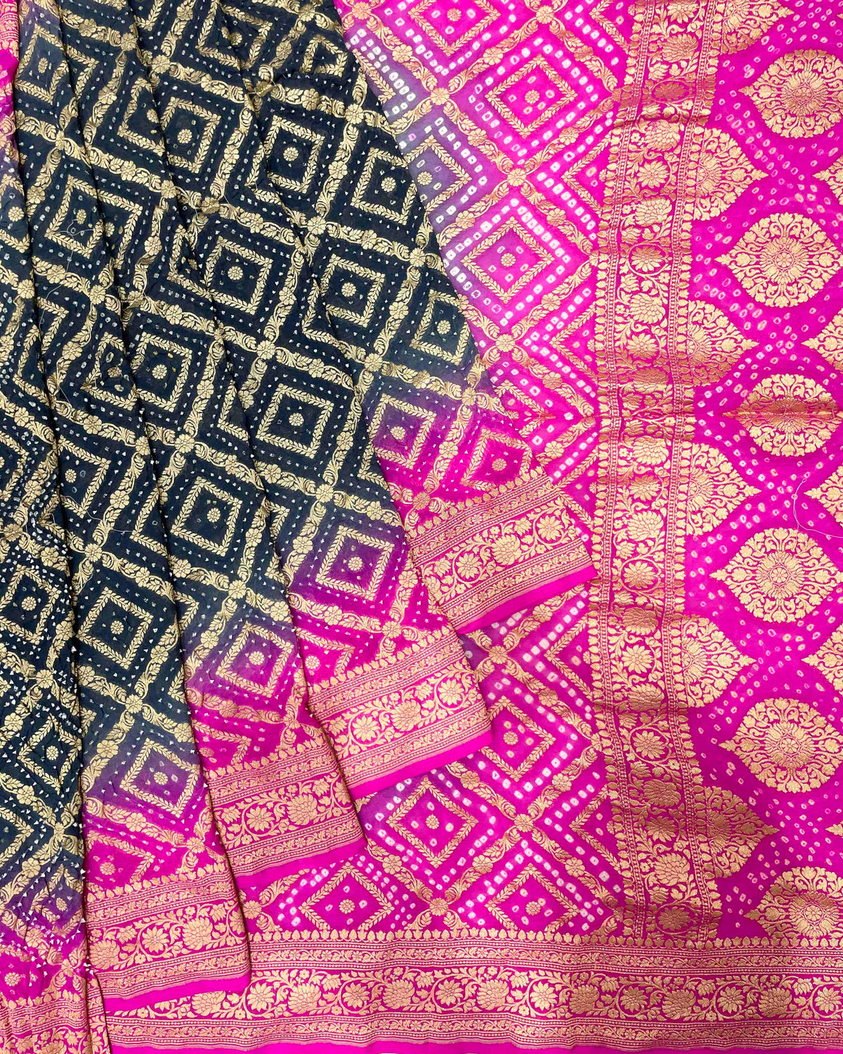 Pink & Dark Greish Banarasi Bandhani Saree